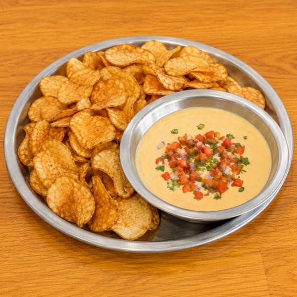 A metal tray holds a pile of golden potato chips and a bowl of creamy queso dip with pico de gallo.