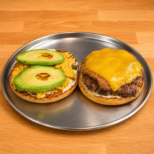 Open-faced burger on a metal tray with a cheesy patty and a bun with avocado slices and chips.