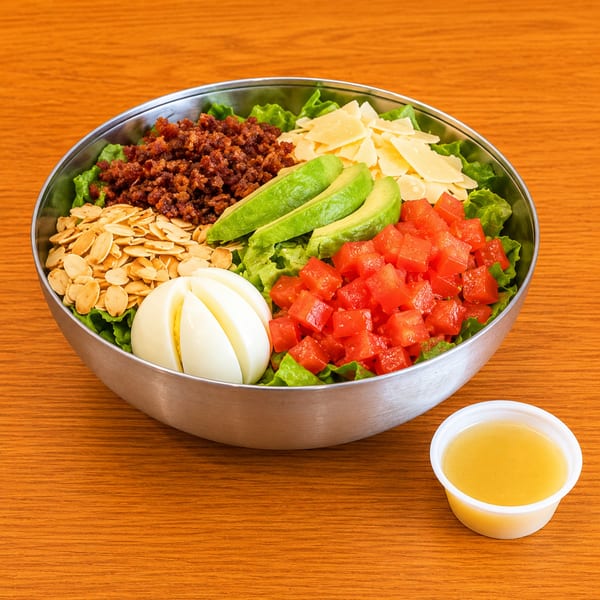 A vibrant salad in a metal bowl with bacon bits, avocado, tomatoes, almonds, egg, and dressing.
