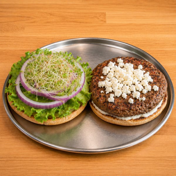 An open burger on a metal plate with a patty topped with feta and a bun with lettuce, onion, and sprouts.