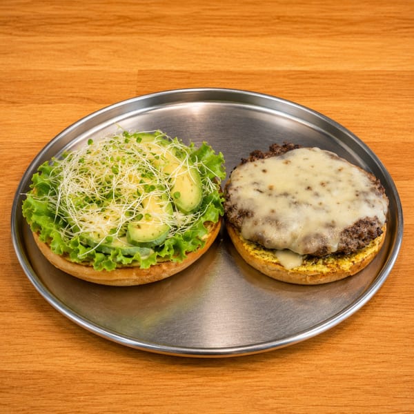 Open burger on a metal plate with melted cheese on the patty and avocado, lettuce, and sprouts on the bun.