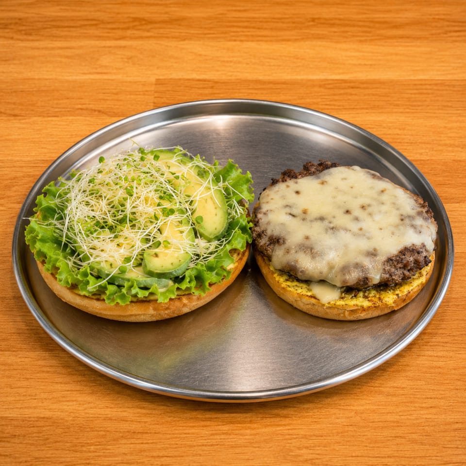 Open burger on a metal plate with melted cheese on the patty and avocado, lettuce, and sprouts on the bun.